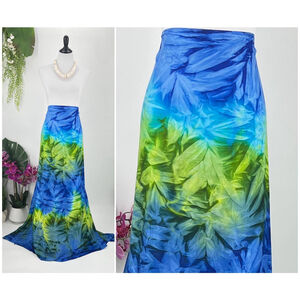 Blue Green Tie Dye Fringed Edge SARONG Kīkepa Pareo Lavalava Beach Wrap